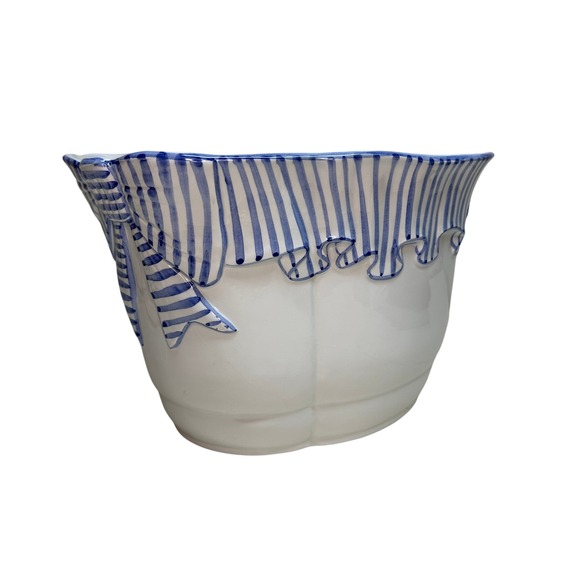 RARE Italy Handpainted Blue White Stripe Porcelain Bow Planter‎ Cottagecore Chic